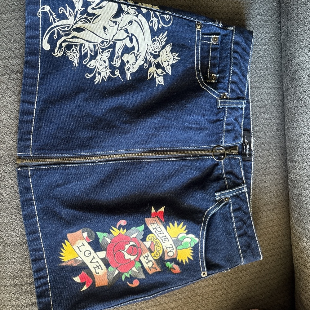 Ed Hardy Blue Denim Skirt with Floral and Horse Graphics